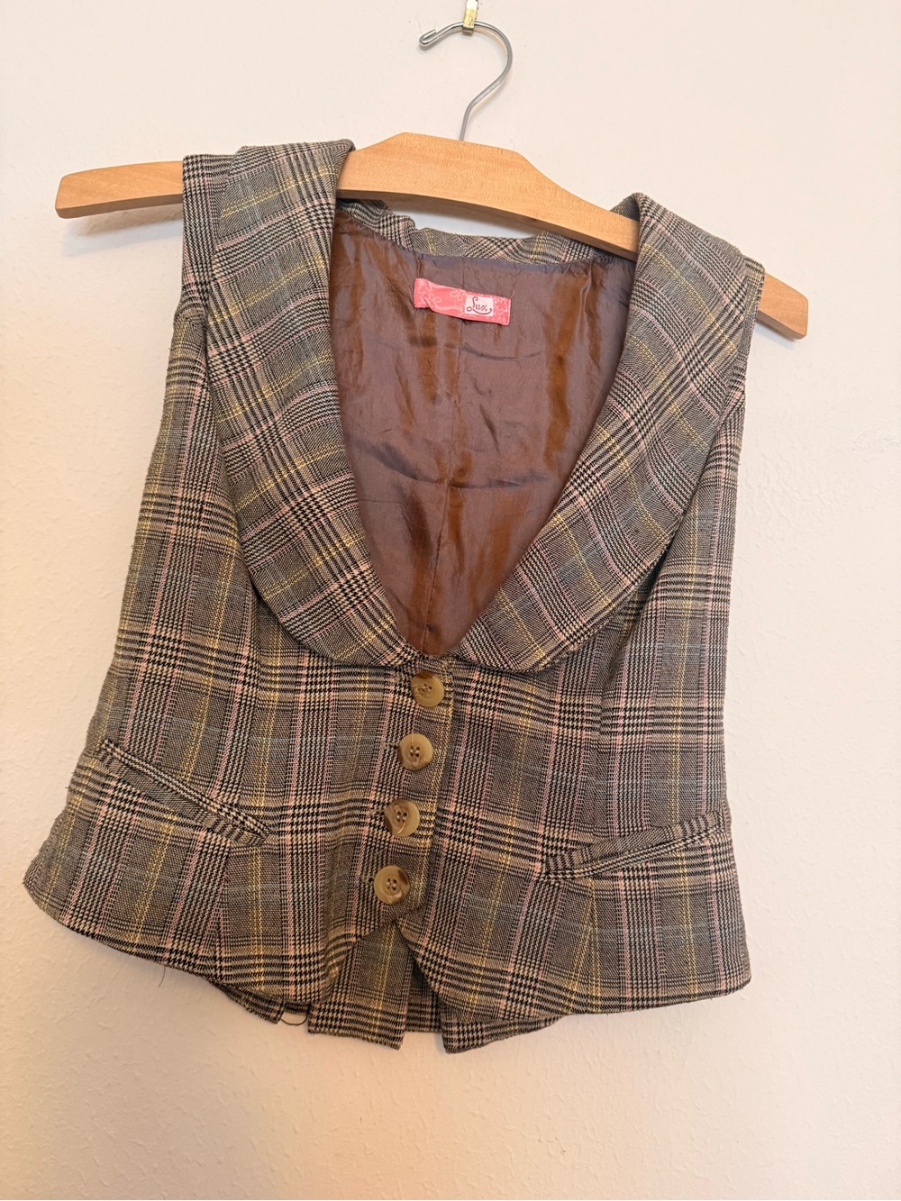Lux Brown Plaid Shawl-Collar Women's Vest